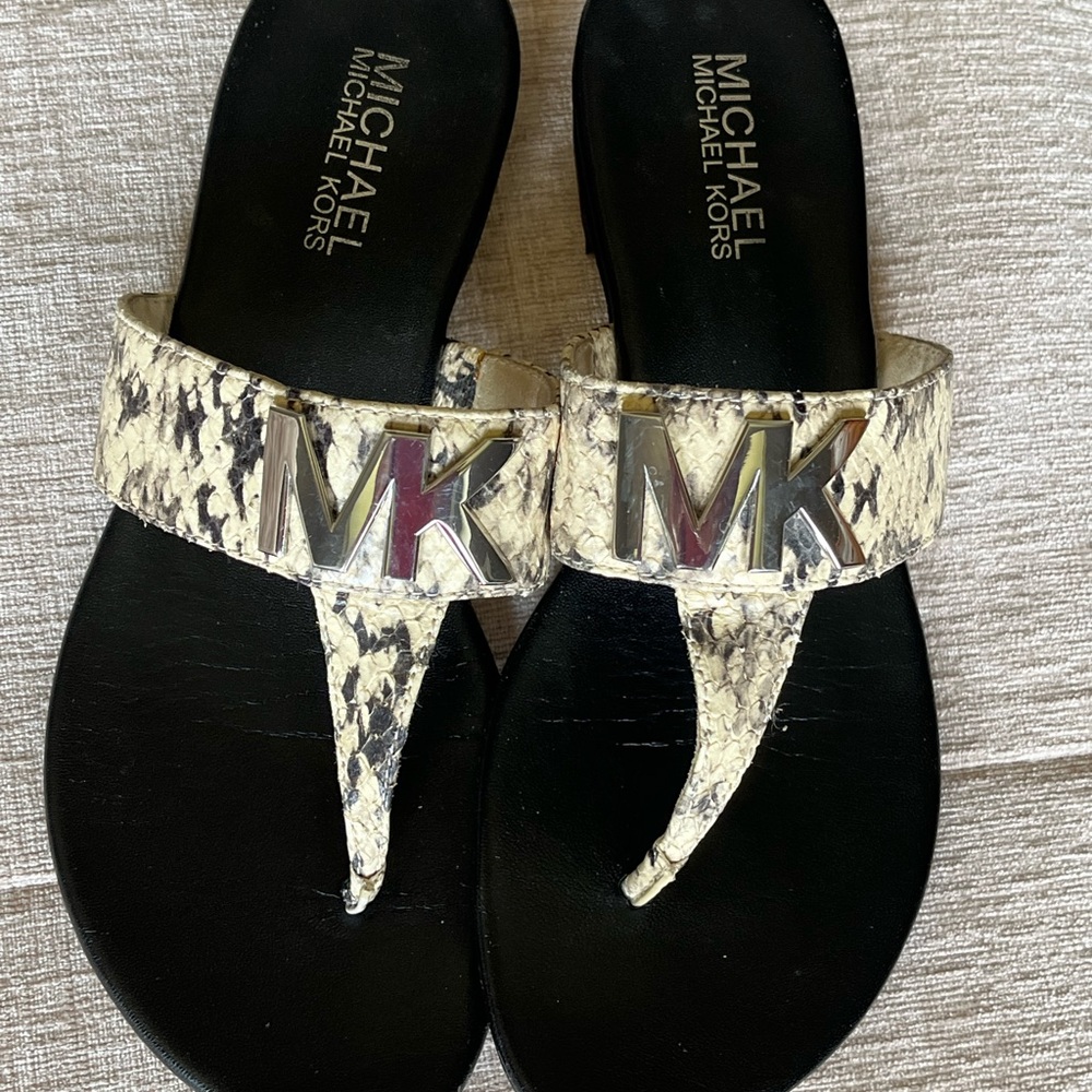 Michael Kors Black Footbed Snake-Print Thong Sandals with Gold MK Logo